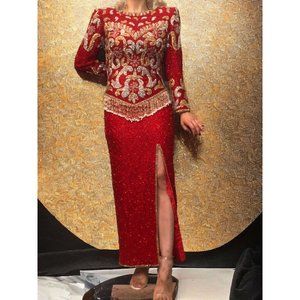 Vintage 80S Tan Chho Glam Beaded Red Gold Silver Formal Evening Gown